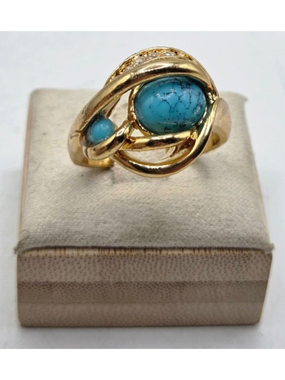 Gold-Plated Ring With Faux Turquoise Stones & Rhinestone Accents